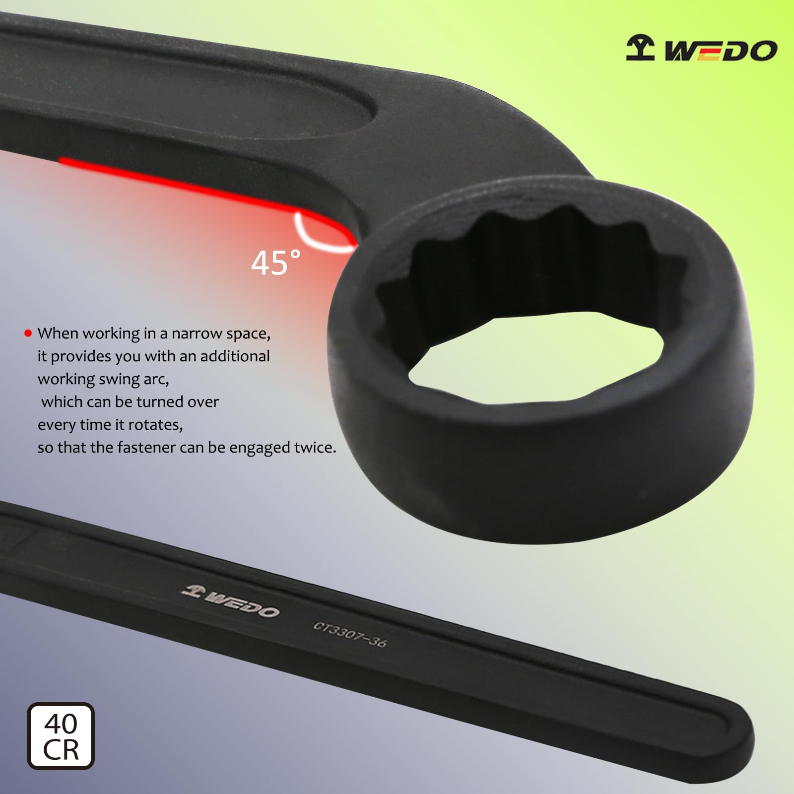WEDO Llave Estriada Acodada 75mm,Cabeza doblada,forjada de una sola vez, par fuerte,alta resistencia,resistencia al desgaste, Llave Estrella Acodada,acero cromado 40,Largo 510mm