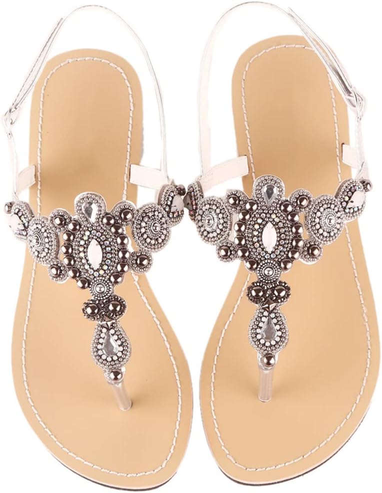 Summer Women Beach Heel Sandals Retro String Bead Shoes T-Strap Flops Diamond Parent-Child Slipper