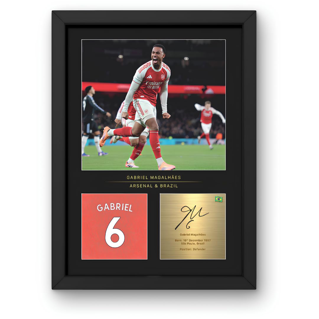 Win Fc Black Gabriel Magalhães A4 Framed Photo Display - Reproduced Digital Signature - Gift Arsenal