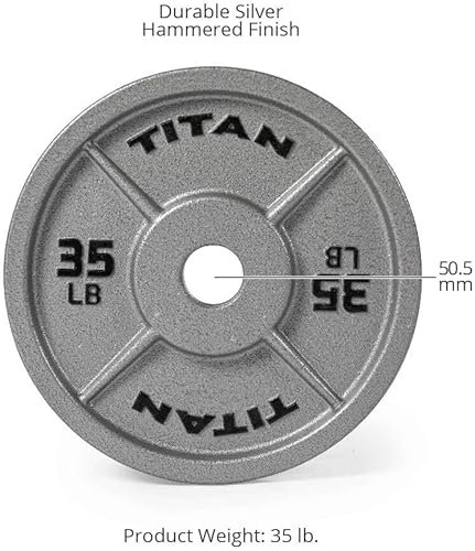 Miniatura 2 de Titan Fitness Placa olímpica de hierro fundido de 35 libras, se vende individualmente, diseño clásico de placa de peso, acabado de martillo plateado