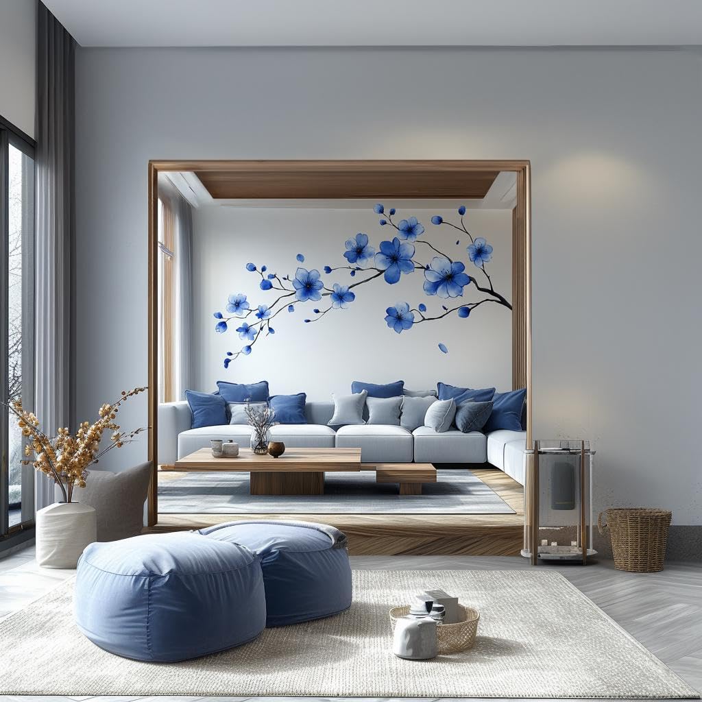 Calcomanía de pared con ramas de flores azules, calcomanía de vinilo floral grande de Sakura, arte natural extraíble para sala de estar, dormitorio, oficina, decoración moderna del hogar