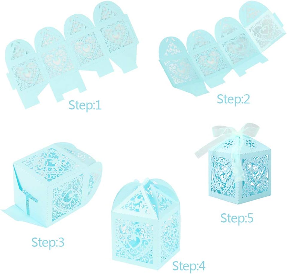 Lucky Monet 25/50/100PCS Love Heart Laser Cut Wedding Candy Gift Box Chocolate Box for Wedding Favor Birthday Party Bridal Shower with Ribbon (100pcs, Baby Blue)