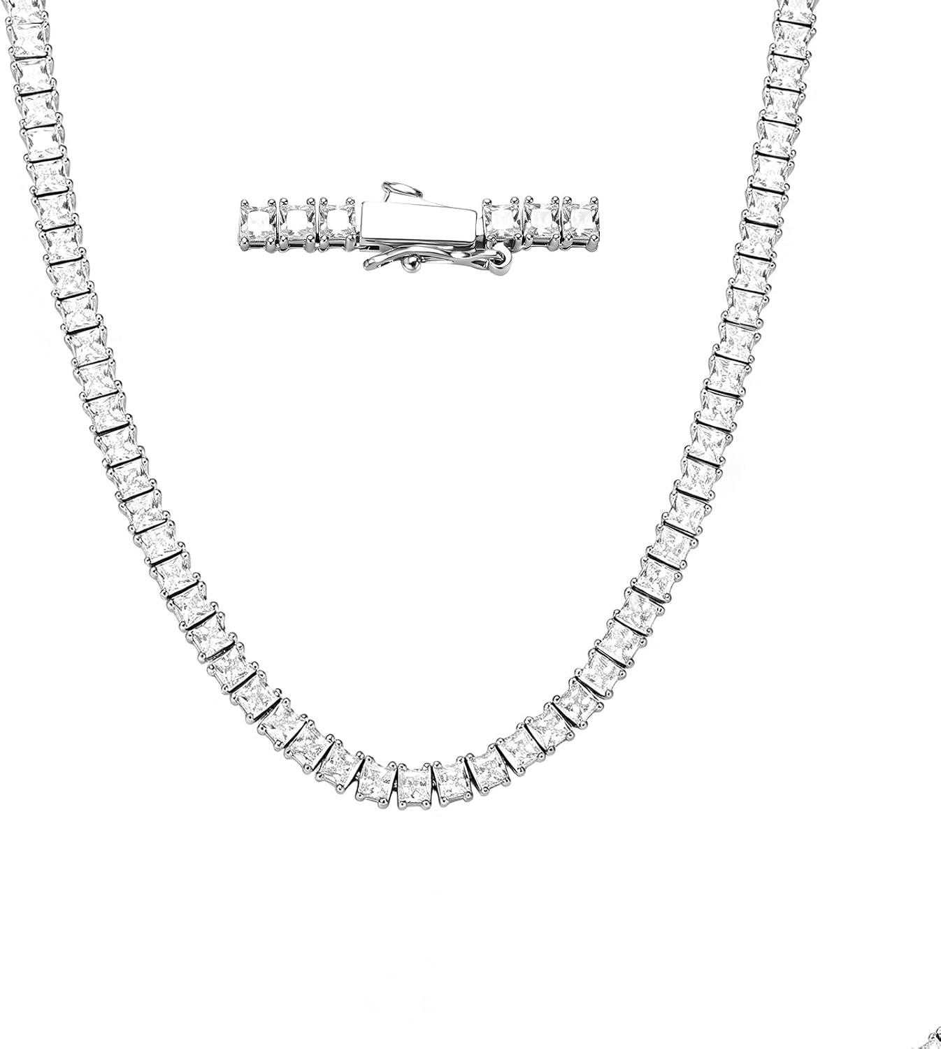 BREN 3mm Square Tennis Necklaces for Women - 18K Yellow/White Gold Plated Faux Diamond Tennis Chain - AAAAA Square Cubic Zirconia Iced out Tennis Necklace Jewelry