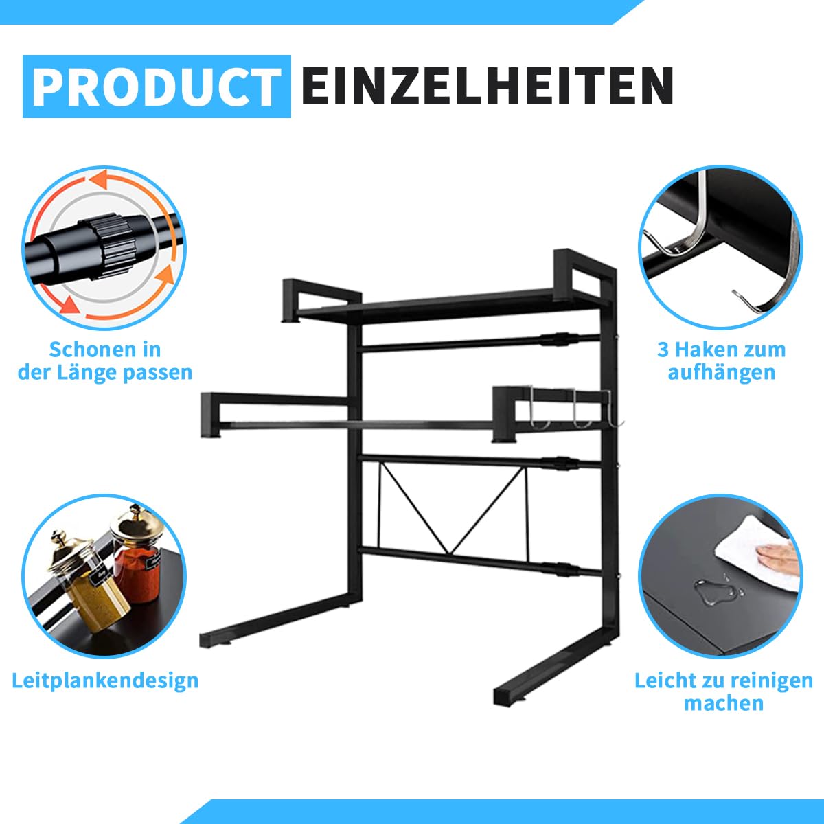 Fleau Home Mikrowellenschrank – Regal für Mikrowelle – Küchenregal – Arbeitsplatten-Organizer – Küchenaufbewahrung – verstellbares Mikrowellenregal – Ofenregal – Metall – Schwarz