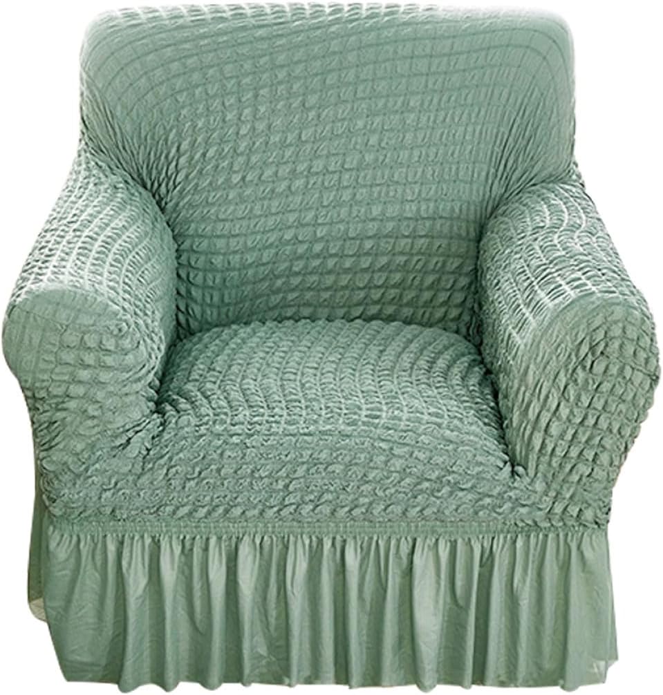 Recliner Sofa Slipcover Stretch Lounger Cover with Elastic Bottom, Full Wrap Bubble Gauze Fabric Sofa Protector, Green, Washable Furniture Cover for Living Room