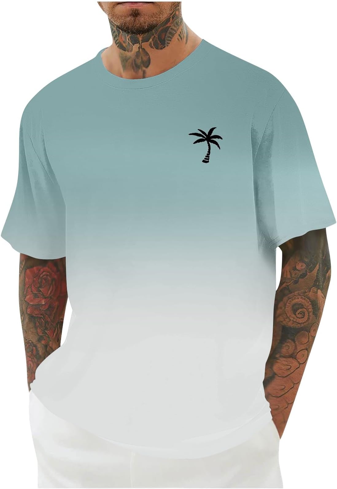 Summer T Shirts for Men, Gradient Coconut Tree Print Beach Shirt Short Sleeve Casual Shirts Round Neck Tee Shirt Loose Fit Holiday Shirt Regular Fit Gym Tshirt Lightweight Fashion Tops