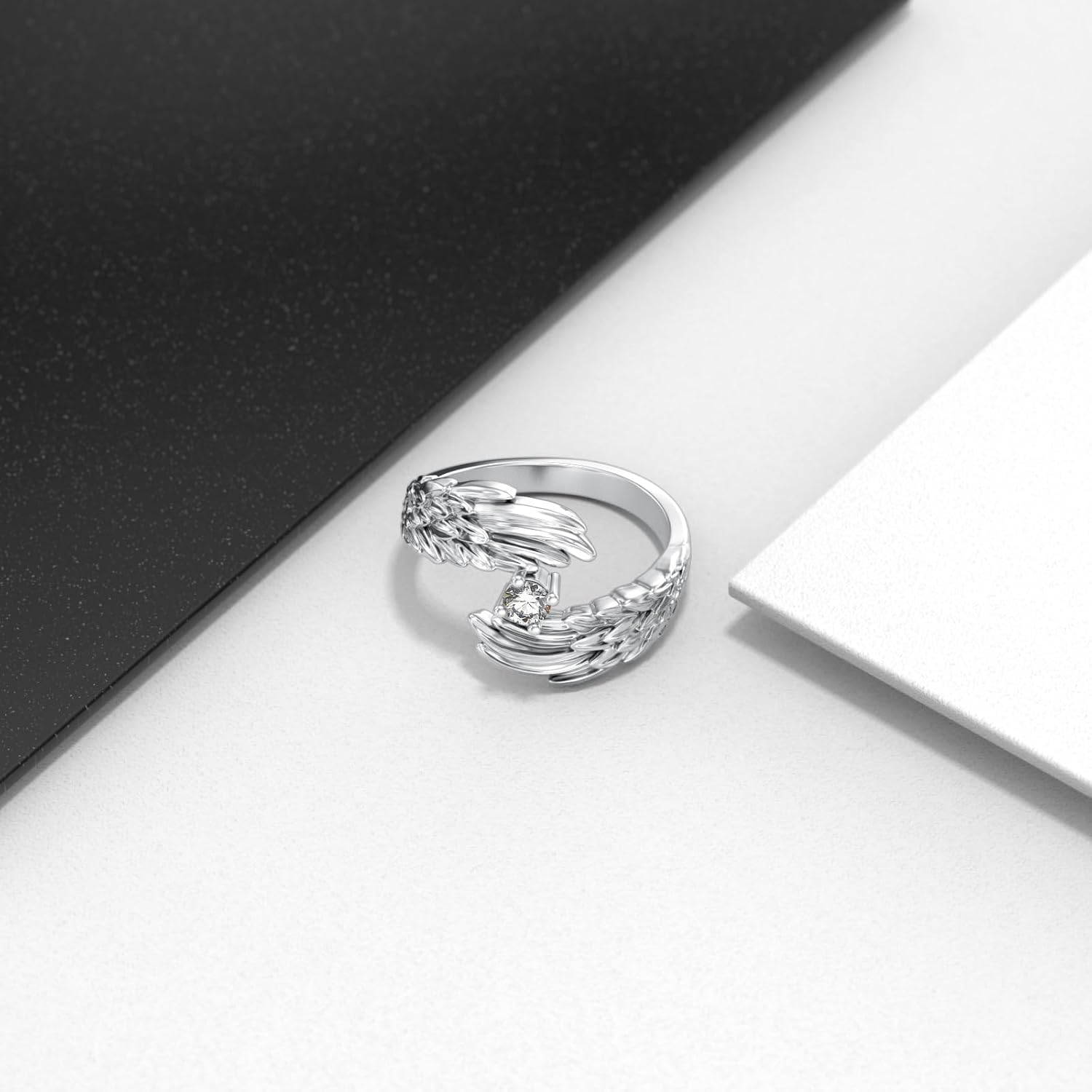 Diamond Angel Wing Ring for Women 925 Sterling Silver Guardian Angel Wing Feather Ring with Lab Grown Diamond Birthday Christmas Jewelry Gifts for Her