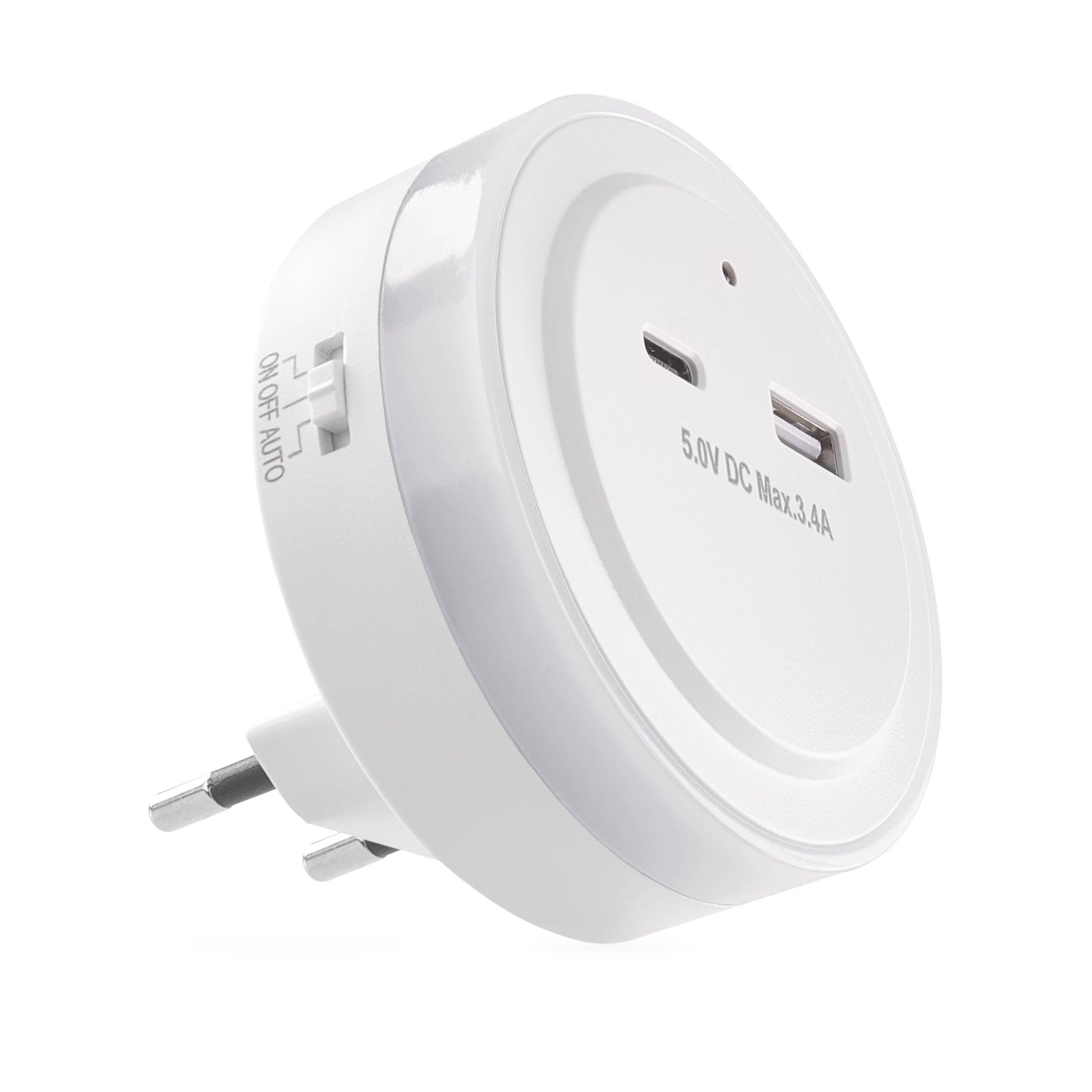 EMOS Lampka Nocna LED do Gniazdka Elektrycznego z Wyjściem USB-C i USB-A, 5,0 V/3,4 A - Przełącznik i Czujnik Zmierzchu - Światło Orientacyjne do Pokoju Dziecięcego, Schodów, Sypialni, Kuchni