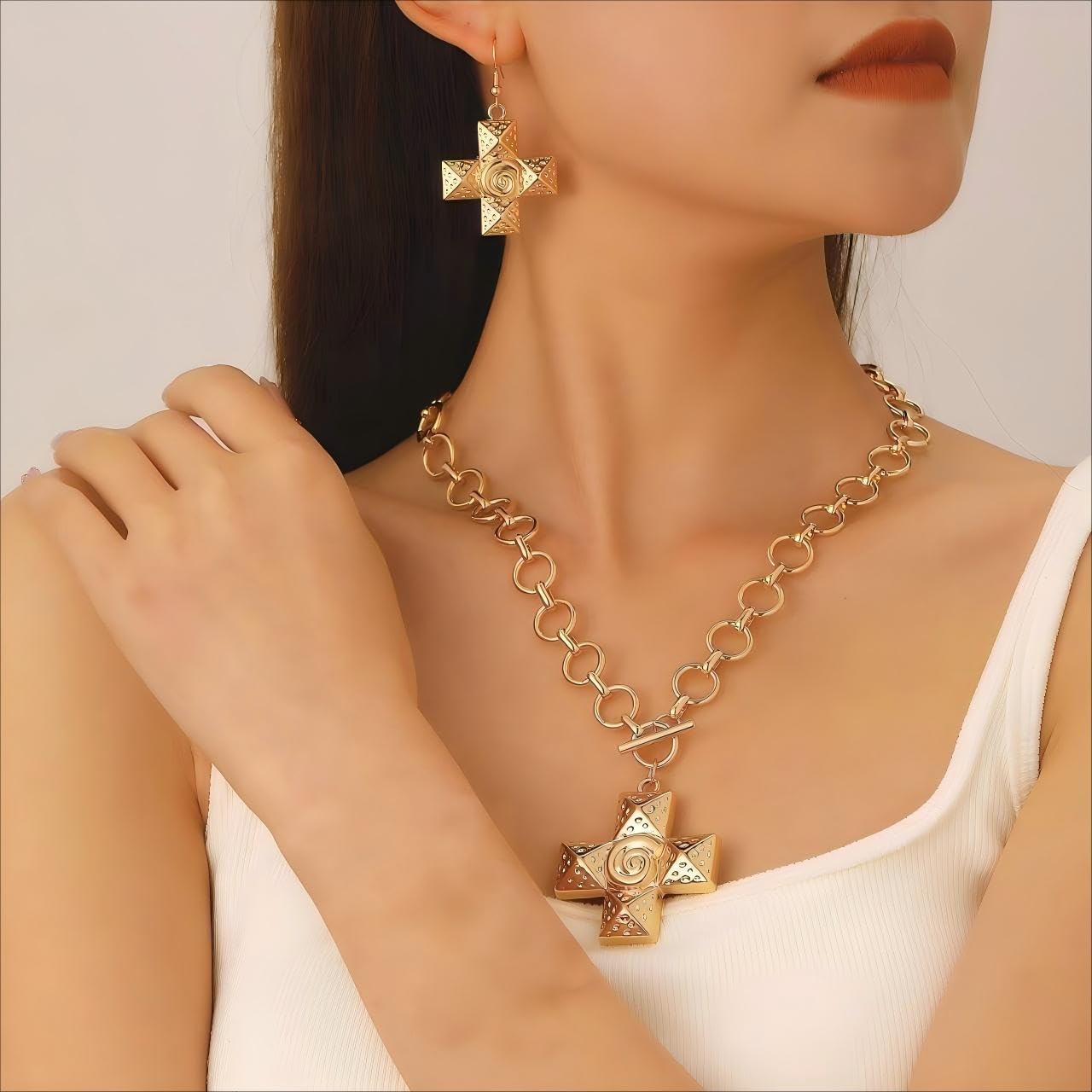 Chunky Gold Cross Necklace Earrings set for Women Gold Silver Chunky Conch Cross Jewelry sets Non Tarnish Paperclip Link Chain Statement Religious women's jewelry sets - Image 2