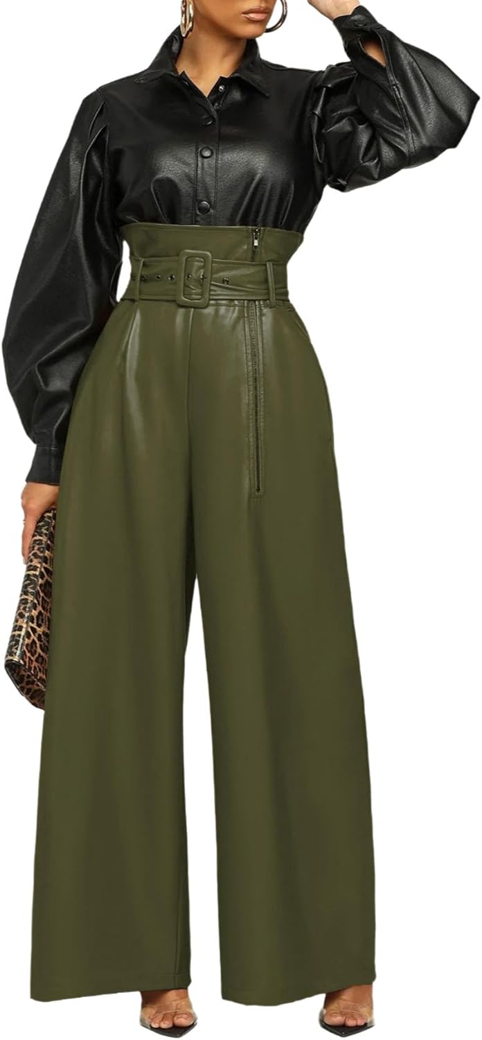 Lady's high-Waisted Wide-Leg Leather Pants, Faux Leather Fashionable Straight-Leg Trousers, with Belt