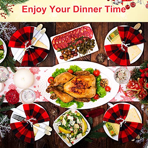 Nuogo 24 Pieces Christmas Napkin Ring And Cloth Napkin Set Silver Elk Snowflake Napkin Buckle Holders Buffalo Plaid Cloth Napkin For Christmas Holiday Wedding Dinner Party Supplies #TOP5