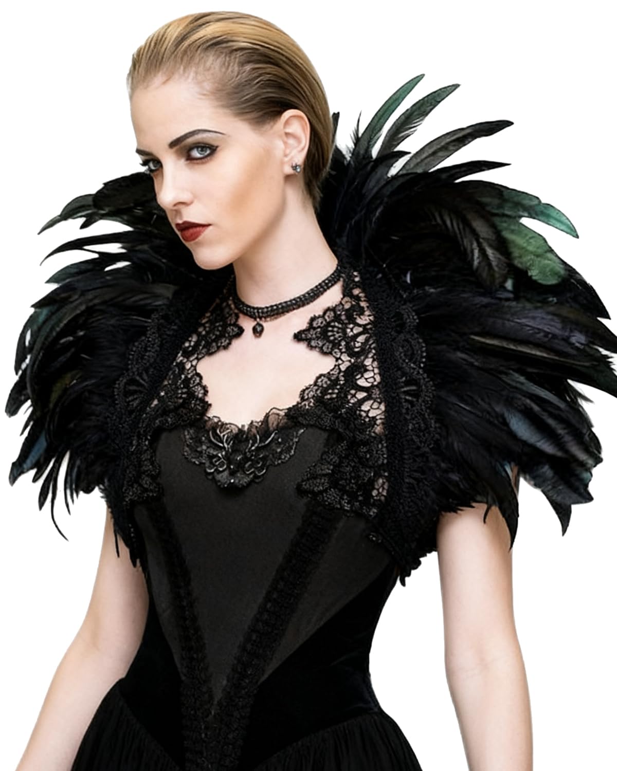 Black Feather Shrug Cape Shoulder Wrap Lace Collar Halloween Costumes for Women