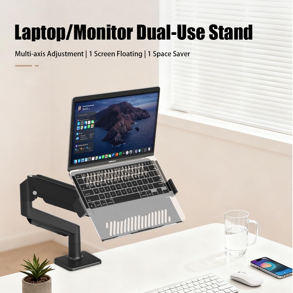 Braccio Monitor Scrivania,Supporto Per Monitor 2 In 1 Con Vassoio, Capacità Fino a 10 Kg, Altezza Regolabile,Compatibile Con Laptop Fino a 17 Pollici, Braccio Per Scrivania Con Morsetto/Foro,nero