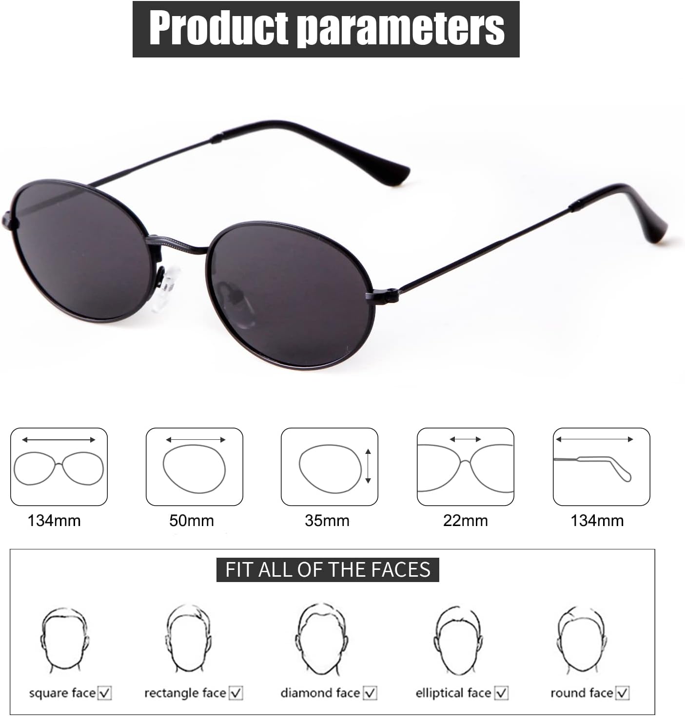 JUDOO Oval Sunglasses for Women Men Vintage 90s Metal Frame Black Glasses - Image 5