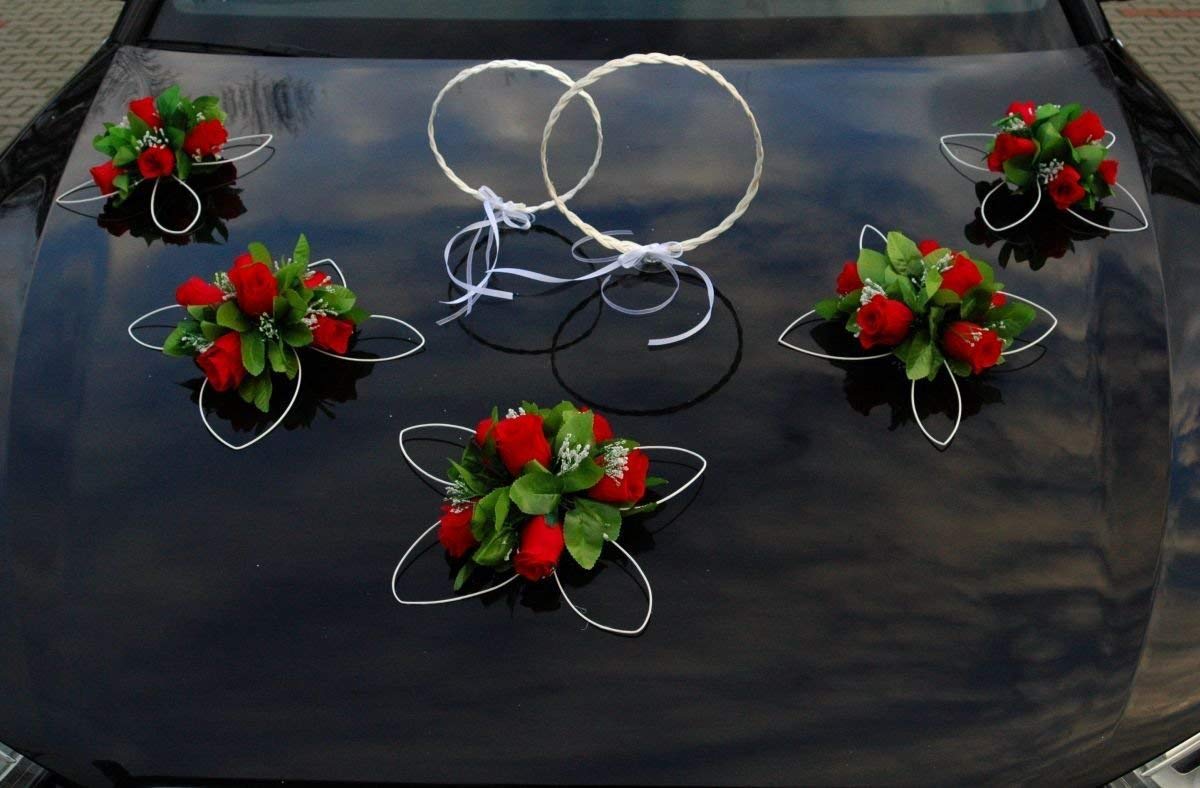 RATAN RINGE Auto Schmuck Braut Paar Rose Deko Dekoration Autoschmuck Hochzeit Car Auto Wedding Deko Ratan (Rot)