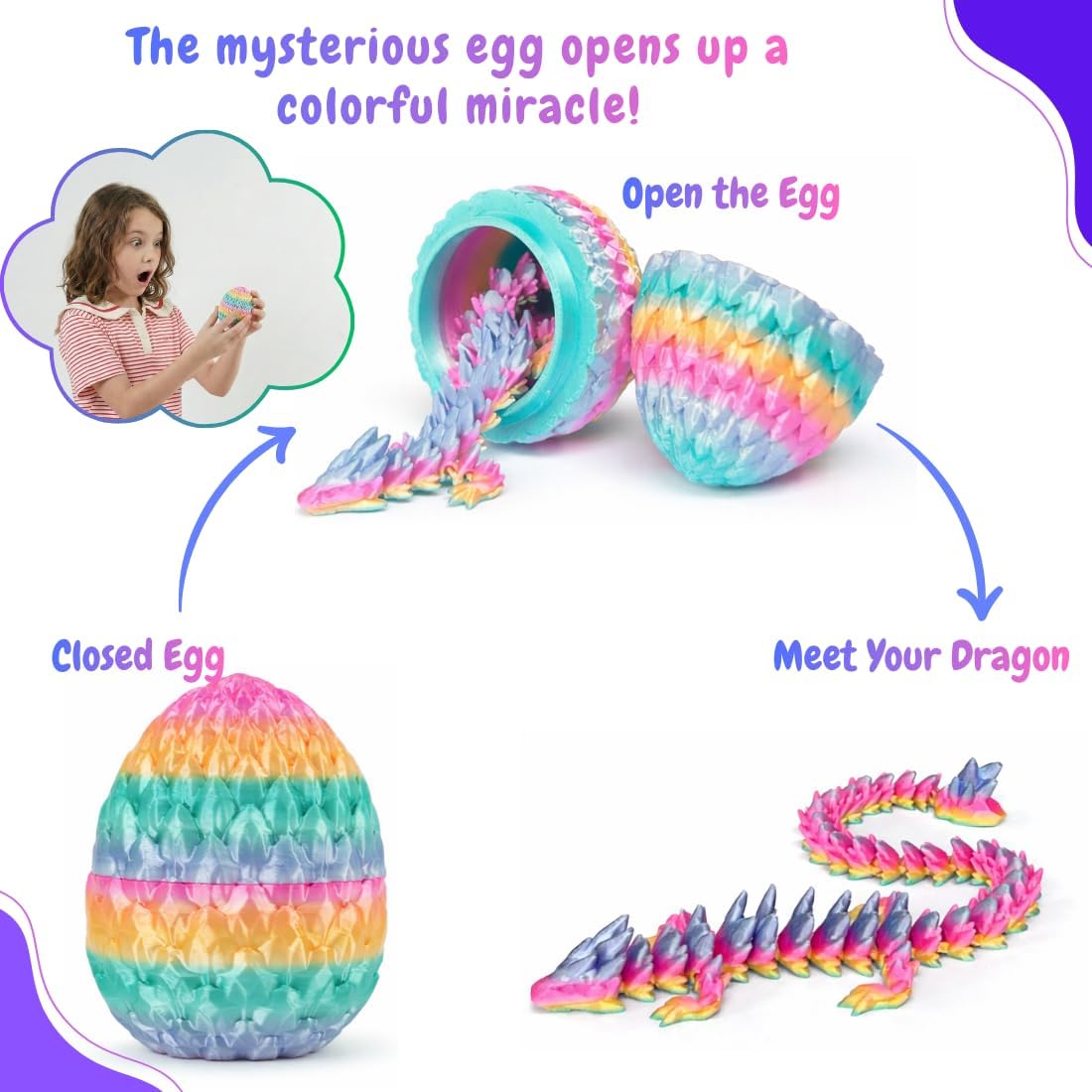 ELORION 4PCS 8,5" 3D Printed Dragon Eggs with Dragon Inside, Easter Basket Stuffers, Egg Hunt Filler for Kids