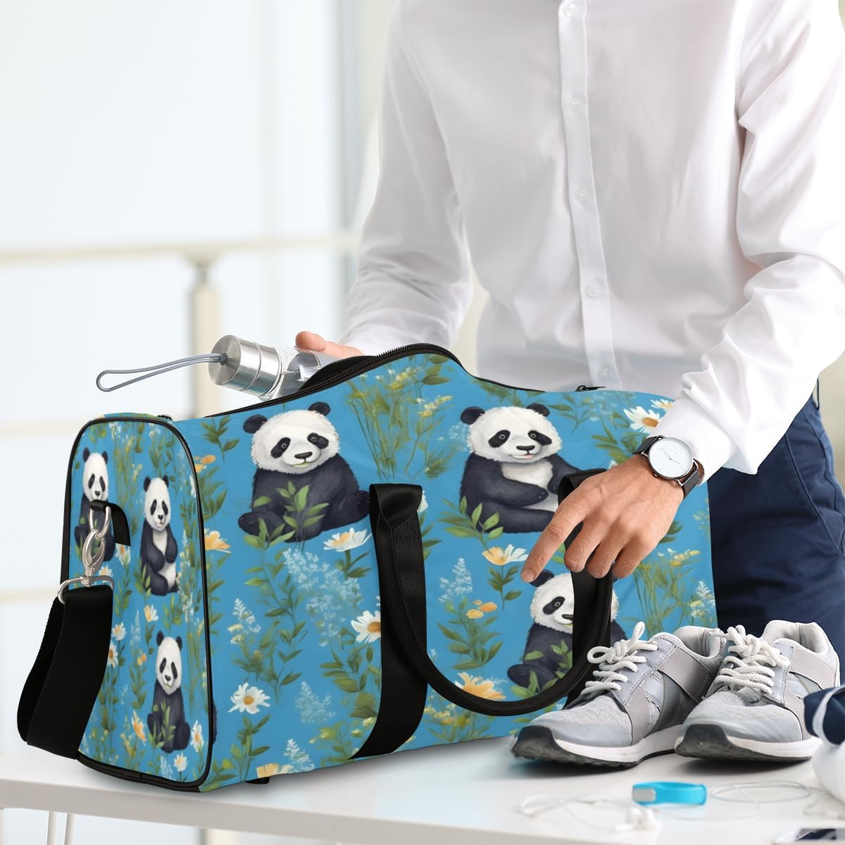 Pandas Flowers Watercolor Travel Duffel Bag for Women Men Large Capacity Overnight Weekender Bags for Lightweight Waterproof Sport Gym Bag for Workout Yoga Swim