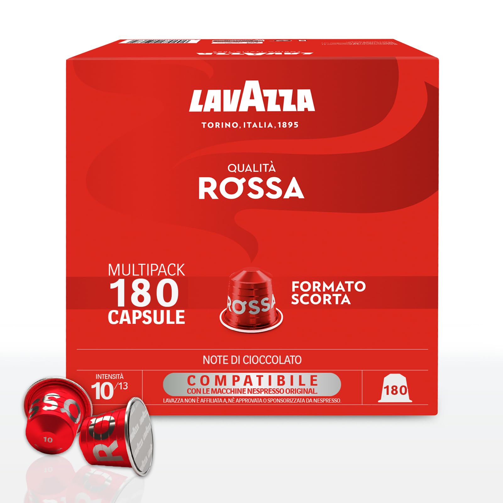 Lavazza, Qualità Rossa, 180 Capsule di Caffè in Alluminio Compatibili con Macchine Nespresso* Original, con Note di Cioccolato e Frutta Secca, Arabica e Robusta, Intensità 10/13, Tostatura Media