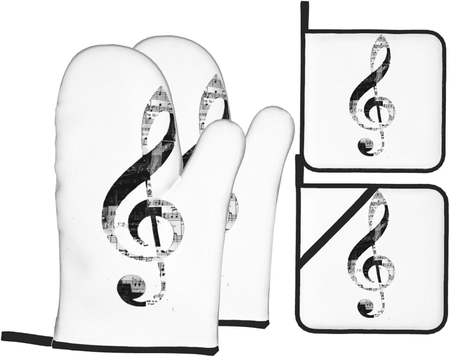 Black White Music Note1 Oven Mitts and Pot Holders Set of 4 Heat Resistant Waterproof Non-Slip Hot Pads BBQ Gloves for Cooking Grilling Apartment Home Kitchen Essentials & Accessories Gifts
