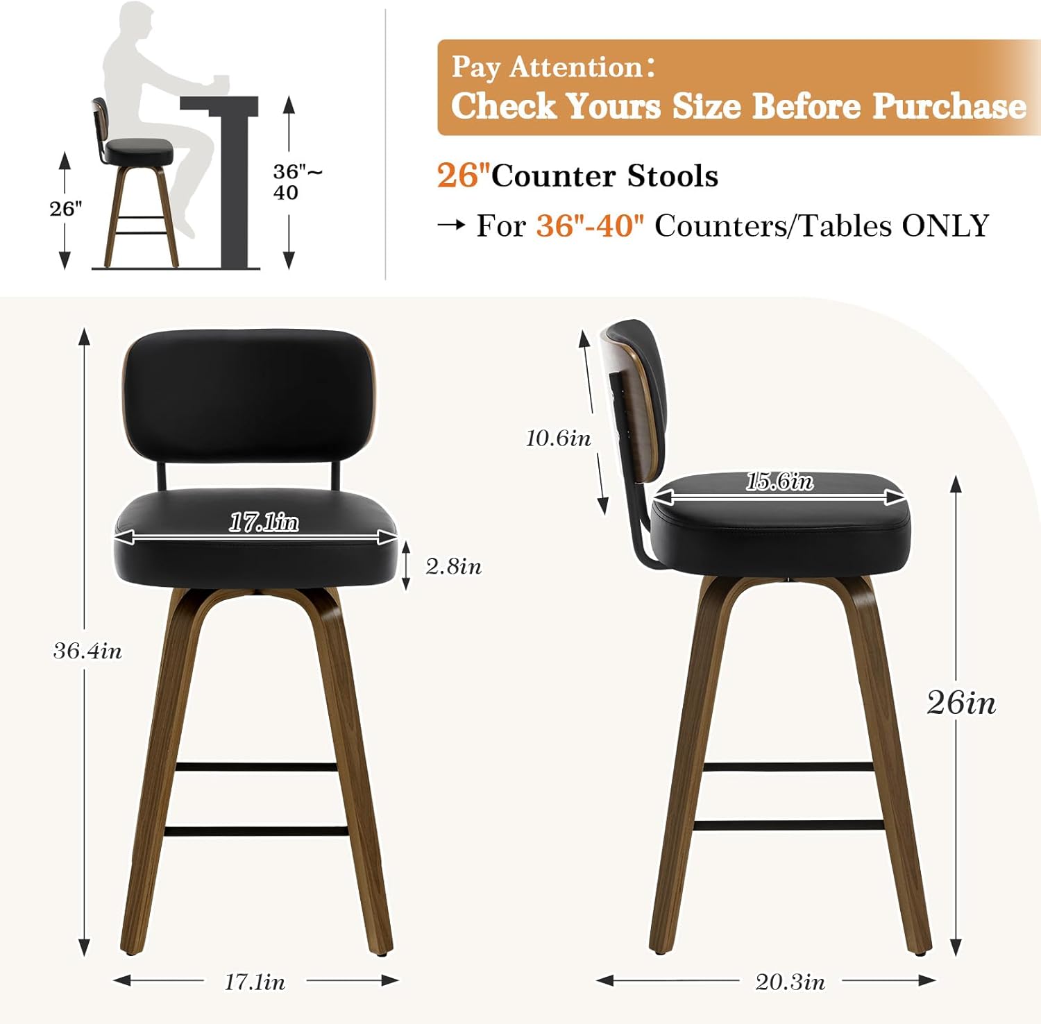 Bekrvio Swivel Counter Height Bar Stools Set of 3, 26" Upholstered Faux Leather Barstools with Back and Bent Wood Legs, Mid Century Modern Bar Chair Island Stool for Kitchen Counter, Black