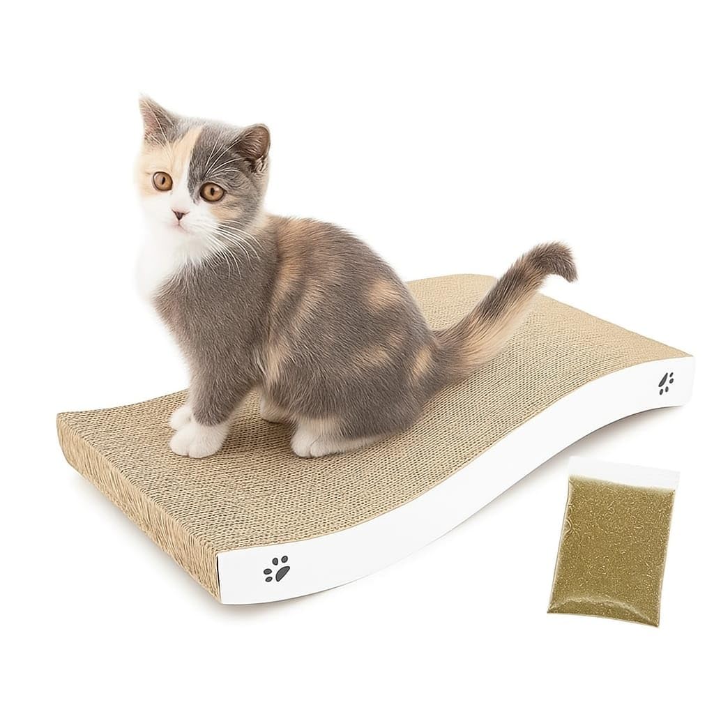 Cat Scratcher Cardboard 2 in 1 Reversible Scratching Pad Recyclable Corrugated Scratch Toy with Wave Shape & 10ML Catnip Cat Scratch Lounge for Furniture Protection Scratch Board