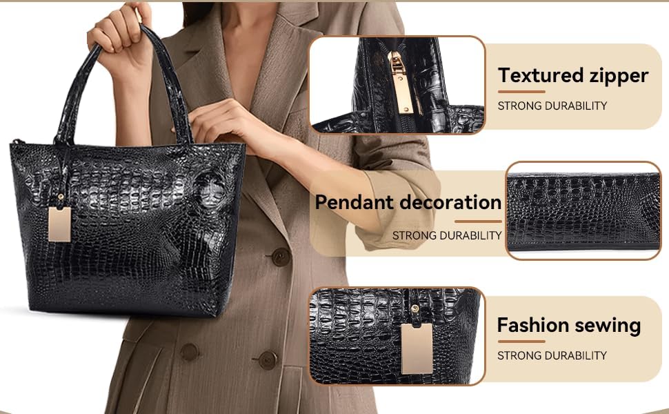 Mahadeku Large Capacity Crocodile Print Leather Tote Bag Reliable Zipper Long-Lasting Roomier for Work Travel Gym Silver - Image 5