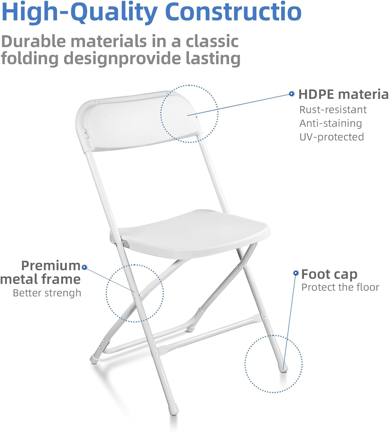 10 Pack White Folding Chairs, Indoor Outdoor Portable Stackable Commercial Seat with Steel Frame 350lb Capacity for Events, Weddings, Office, Parties