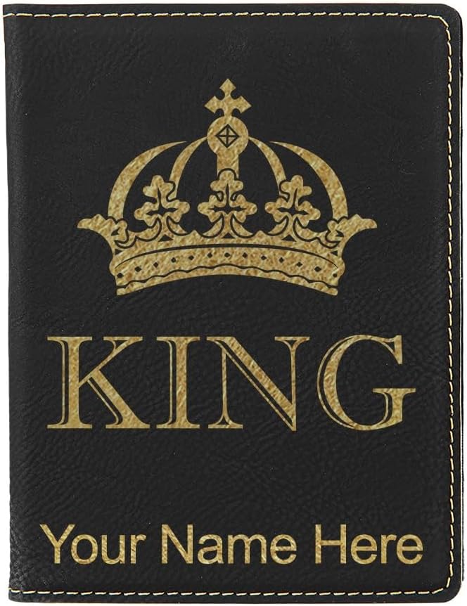 LaserGram Faux Leather Passport Holder, King Crown, Personalized Engraving Included (Black with Gold)