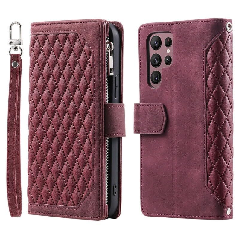 Protection Galaxy S24 Ultra portefeuille anti-rayure avec clapet en cuir rouge vin