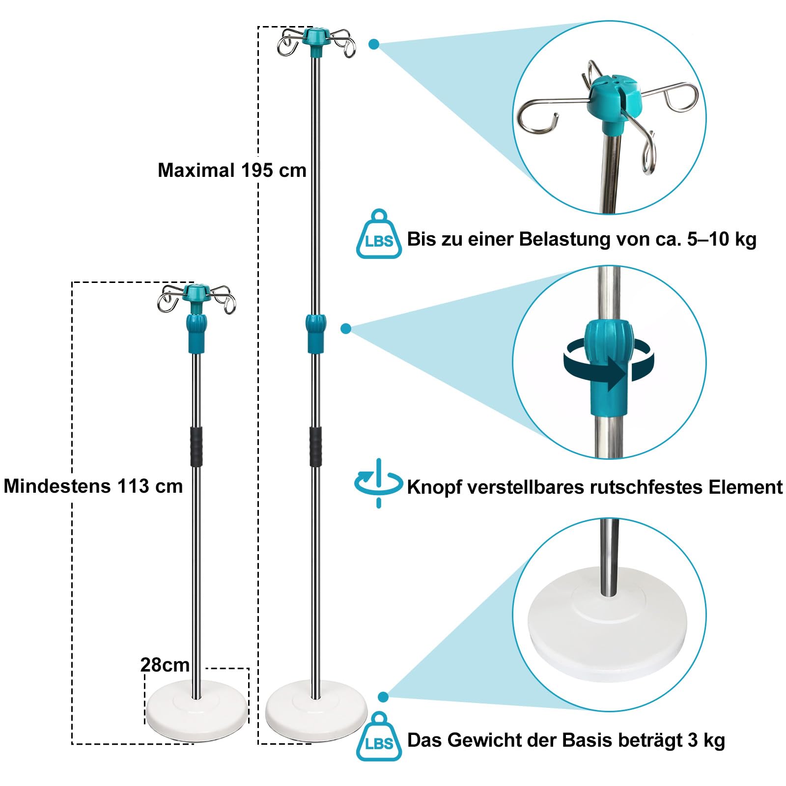 Support à perfusion réglable en hauteur de 113 à 195 cm, avec 4 crochets et base robuste, kit de perfusion médical, portable, porte-perfusion avec porte-perfusion amovible