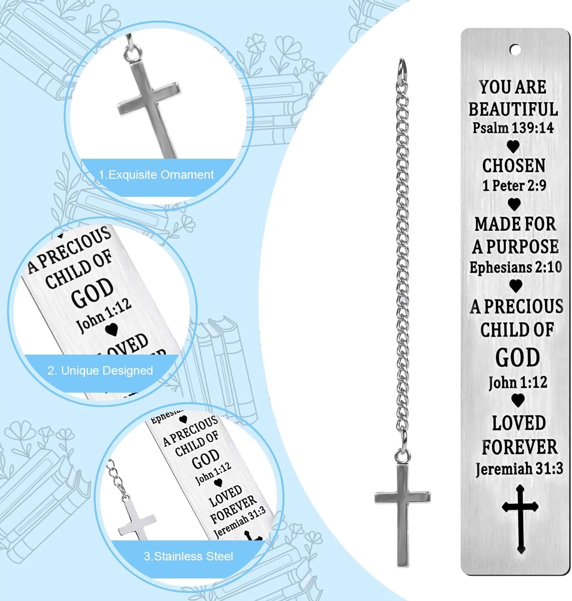 Climberty® Metal Bookmarks with Cross Pendant Chain Gift Box Inspirational Christian Gifts for Women Stainless Steel Book Markers Valentine Mother's Day Christmas Birthday Gifts for Women, Men