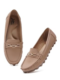 JM LOOKS Women's Comfortable Beige Loafers with Elegant Chain Buckle for Women & Girls