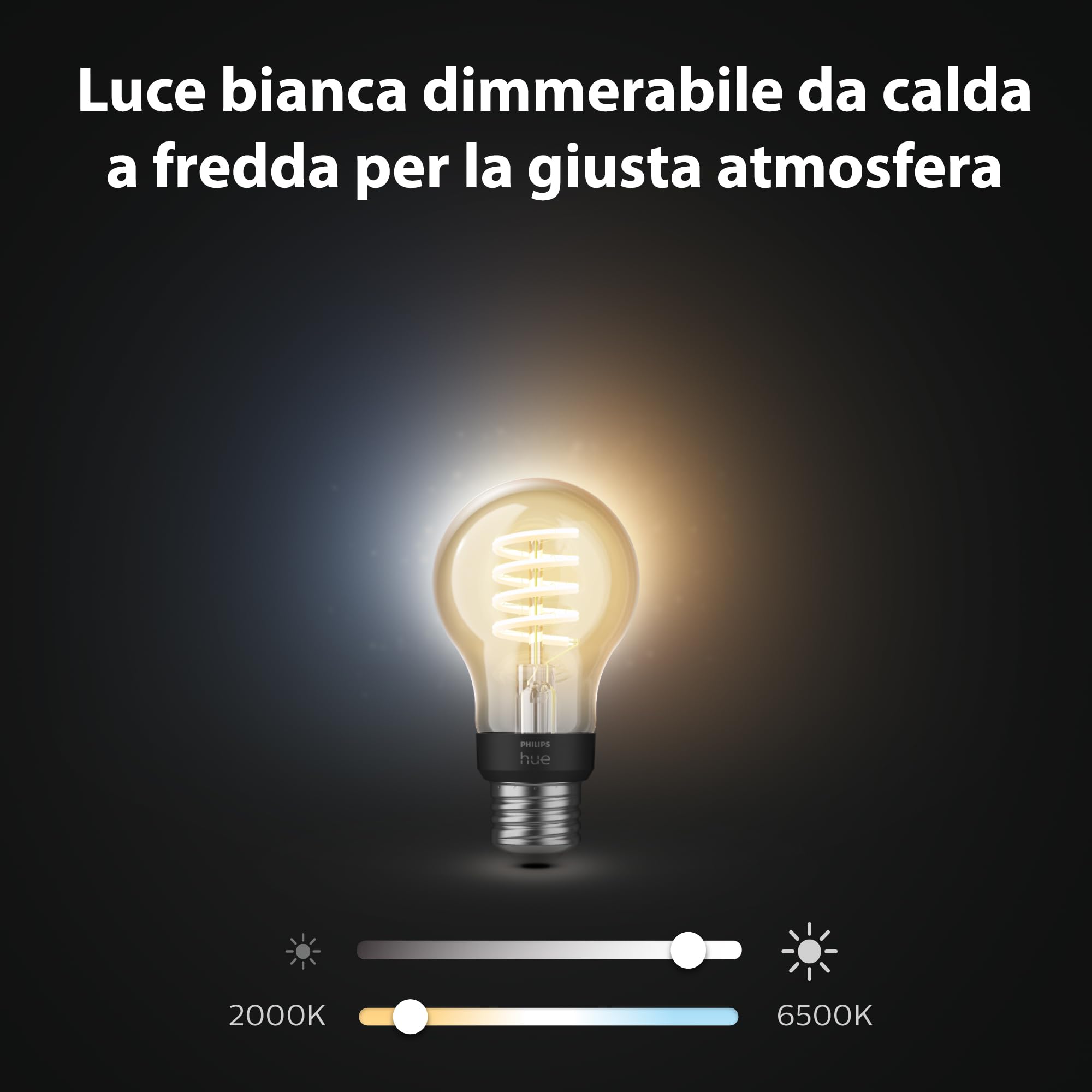 Philips Hue White Ambiance, Lampadina Smart Filamento, Luce Bianca da Calda a Fredda, E27, 7W, Dimmerabile, Bluetooth