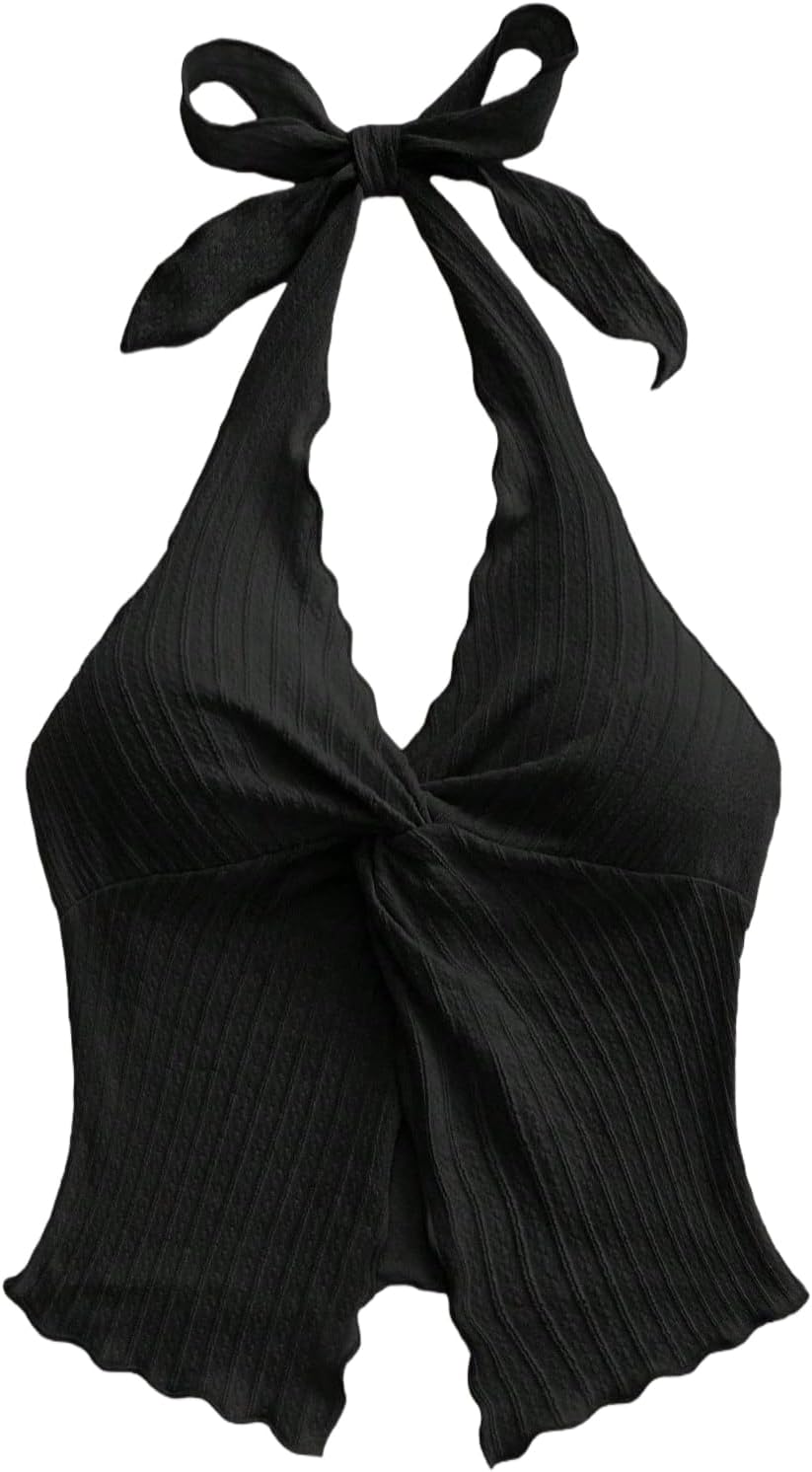 QJQ Women's Halter Tops Twist Front Slit Backless Cute Summer V Neck Tank Top Vacation Outfits