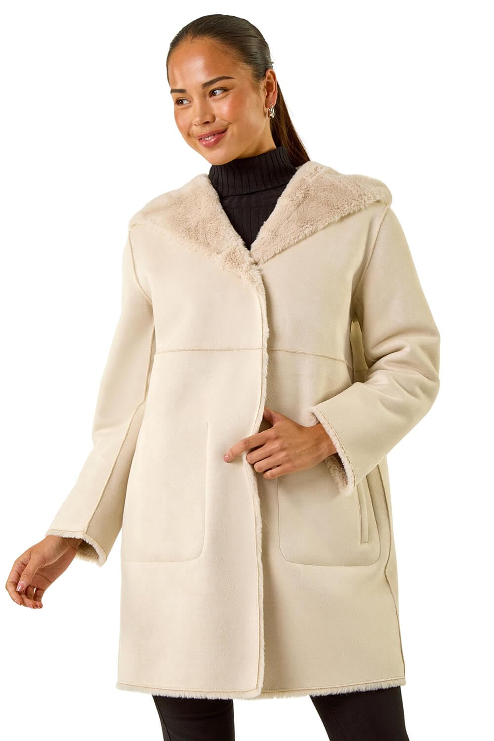 Roman Women's Stone Petite Faux Sheepskin Hooded Coat In | : Size 14