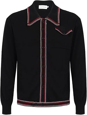 OXKNIT Mens Knit Polo Shirts Full Zip 1960s Style Retro Long Sleeve Cotton Black Cardigan Sweater with Pocket