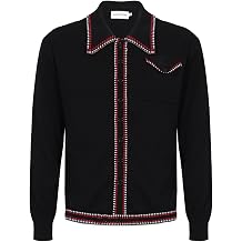 OXKNIT Men's Knit Polo Shirts Full Zip 1960s Style Retro Long Sleeve Cotton Black Cardigan Sweater with Pocket