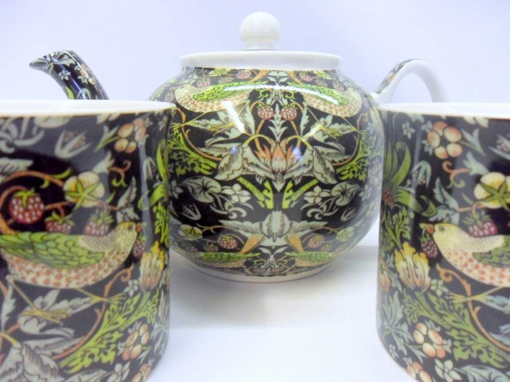 Heron Cross Pottery Assorted Tea For Two In William Morris Black Strawberry Thief Design By The Abbeydale Collection.