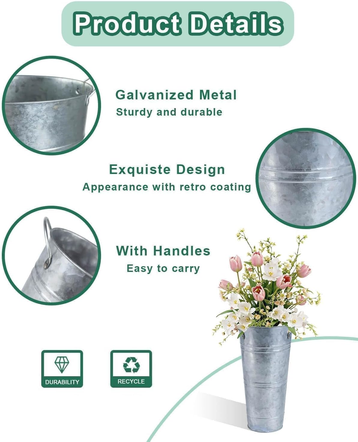 vensovo 9" Tall Galvanized Flower Bucket, 6 Pcs French Metal Vases with Handles, Tabletop Rustic Floral Buckets for Dried Flowers, Wedding Flower Bar & Home Decor, Silver