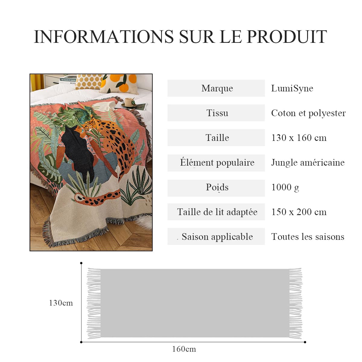 LumiSyne Double Face Couvertures Coton Tissé Jetés De Lit avec Gland Jungle Style Bohême Tapisserie Châle Décorative Jeté De Canapé Couvre-Lit Couverture De Camping Nappes Tapis 160x130cm