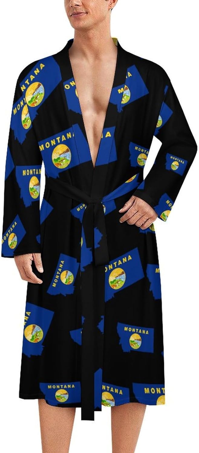 Flag Map of Montana Soft Men's Robe Lightweight Bathrobe Long-sleeve Spa Robes