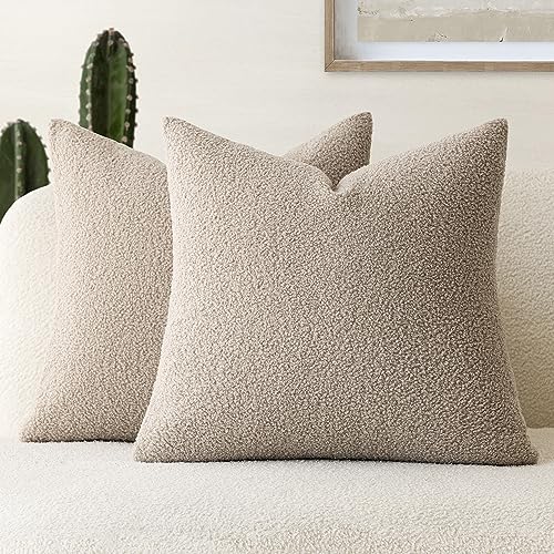 Image of Foindtower Pack of 2, Curly Faux Fur Decorative Throw Pillow Covers Soft Fuzzy Plush Cushion Case with Zipper Cozy Pillowcase for Home Living Room Couch Bed Sofa 22 x 22 Inch, Beige