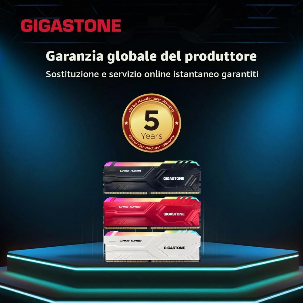 【RAM DDR5】Gigastone RGB Game Turbo Nero Desktop RAM 32GB (2x16GB) DDR5 32GB DDR5-5600MHz PC5-44800 CL40 1.25V 288 pin Unbuffered Non ECC UDIMM per PC Gaming modulo di memoria (SOLO Desktop)