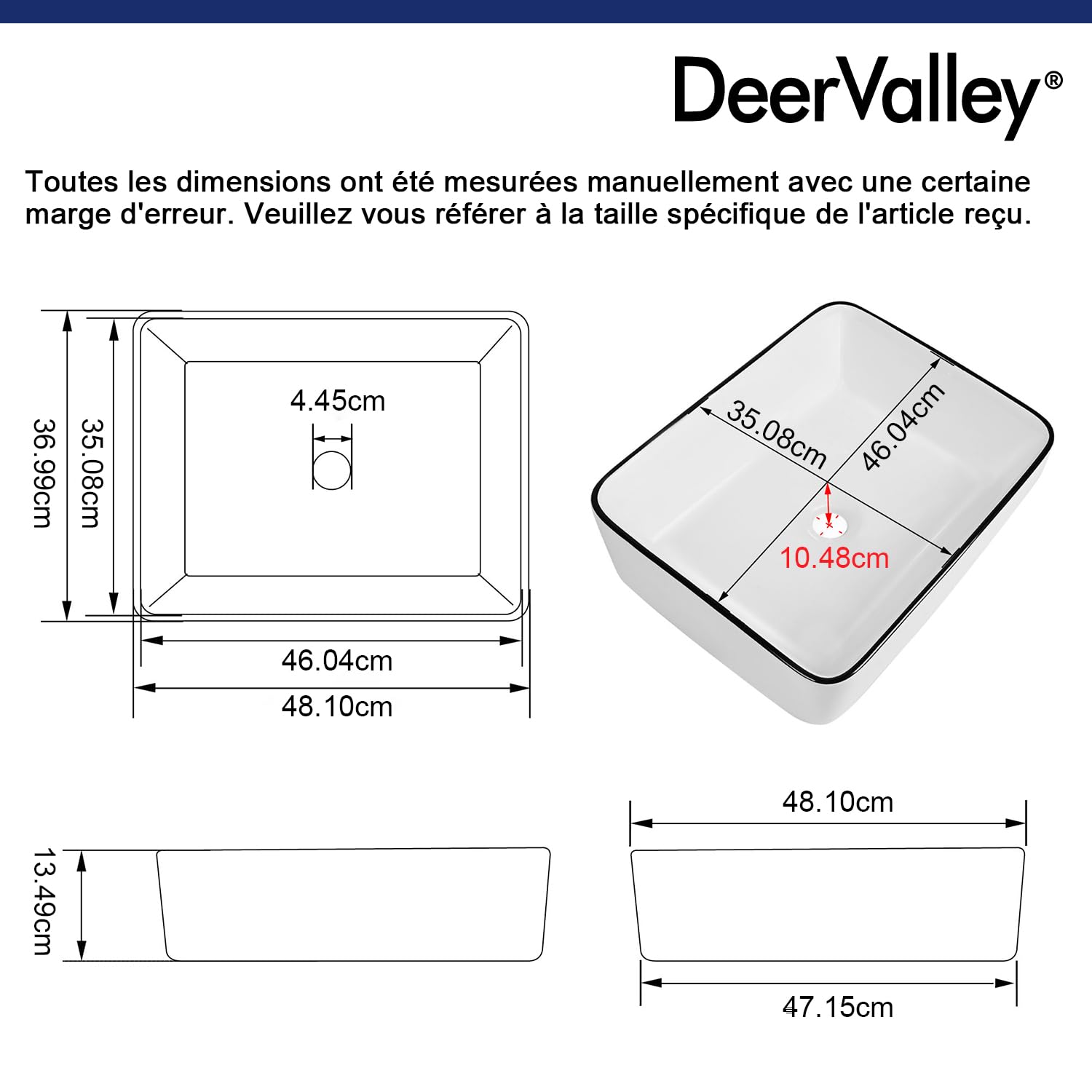 Vasque à Poser Salle de Bain DeerValley Rectangulaire Au-dessus du Comptoir Corps, Vasque a Poser Salle de Bain, Blanc Bordure Noire Lavabo Salle de Bain 475mm*375mm