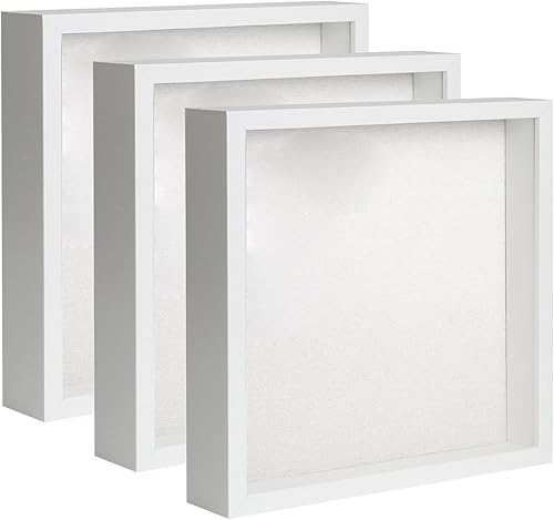 Elegantes marcos de madera profunda, juego de 3 vitrinas blancas de 8 x 8 pulgadas con tablero de vidrio real y lino, perfecto para mostrar boletos,