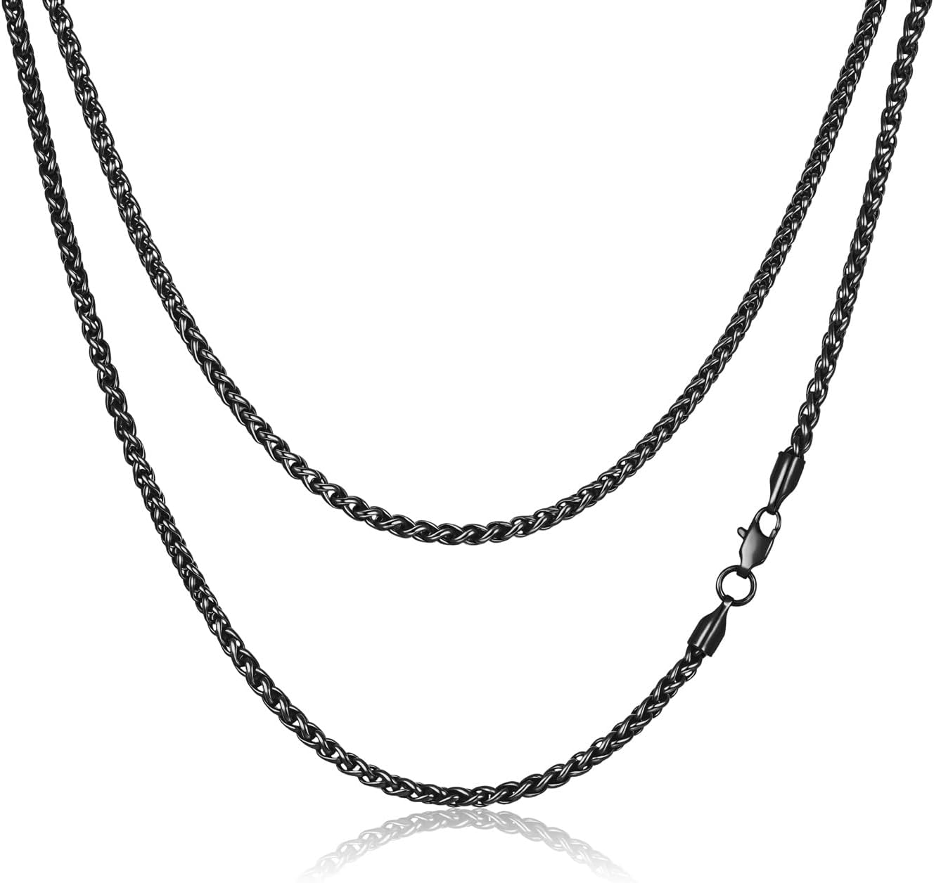 FOSIR Black Stainless Steel Wheat Chain Necklace for Men and Women, 2.5mm/3mm/4mm/5mm Mens Chains, 18-30 Inches