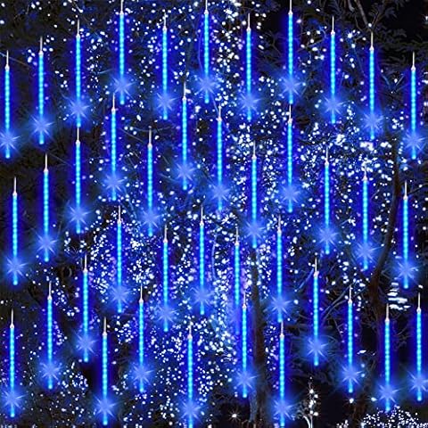 Meteor Shower Rain Lights 30cm 8 Tubes 192 LEDs Falling Rain Lights Waterproof Drop Icicle Snow Falling Raindrop Cascading Lightsfor Trees Patio Fence Wedding Party Christmas Decor Blue Cover