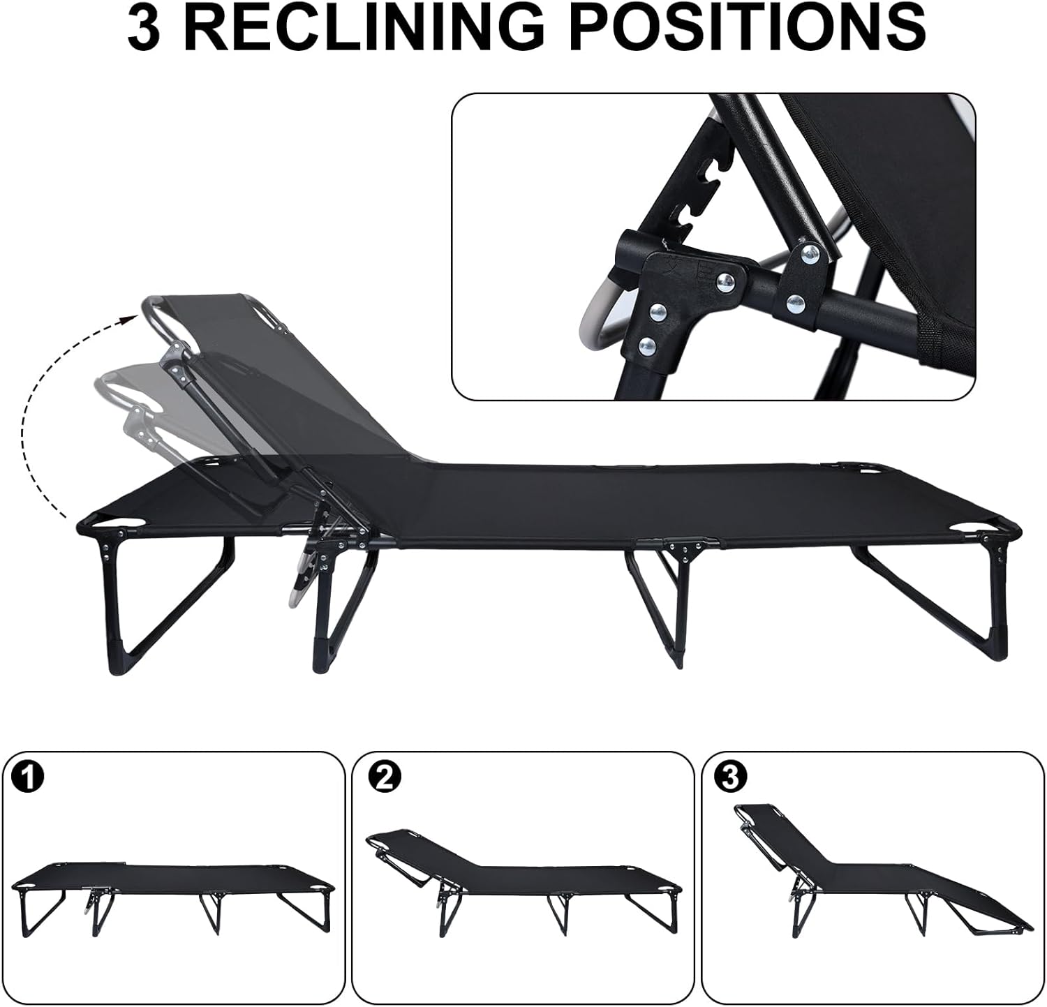 Folding Camping Cot for Adults, Outdoor Chaise Lounge Portable Bed With Mattress and Pillow for Office, Pool, Beach, Patio - 440 LBS Capacity, Black