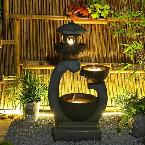 Tankana Outdoor Garden Water Fountain - Modern Tranquil Zen Pagoda Waterfalls Fountains Bowl with LED Lights & Pump for Patio Yard Porch Pool Decor, Gray, 35.5 inches