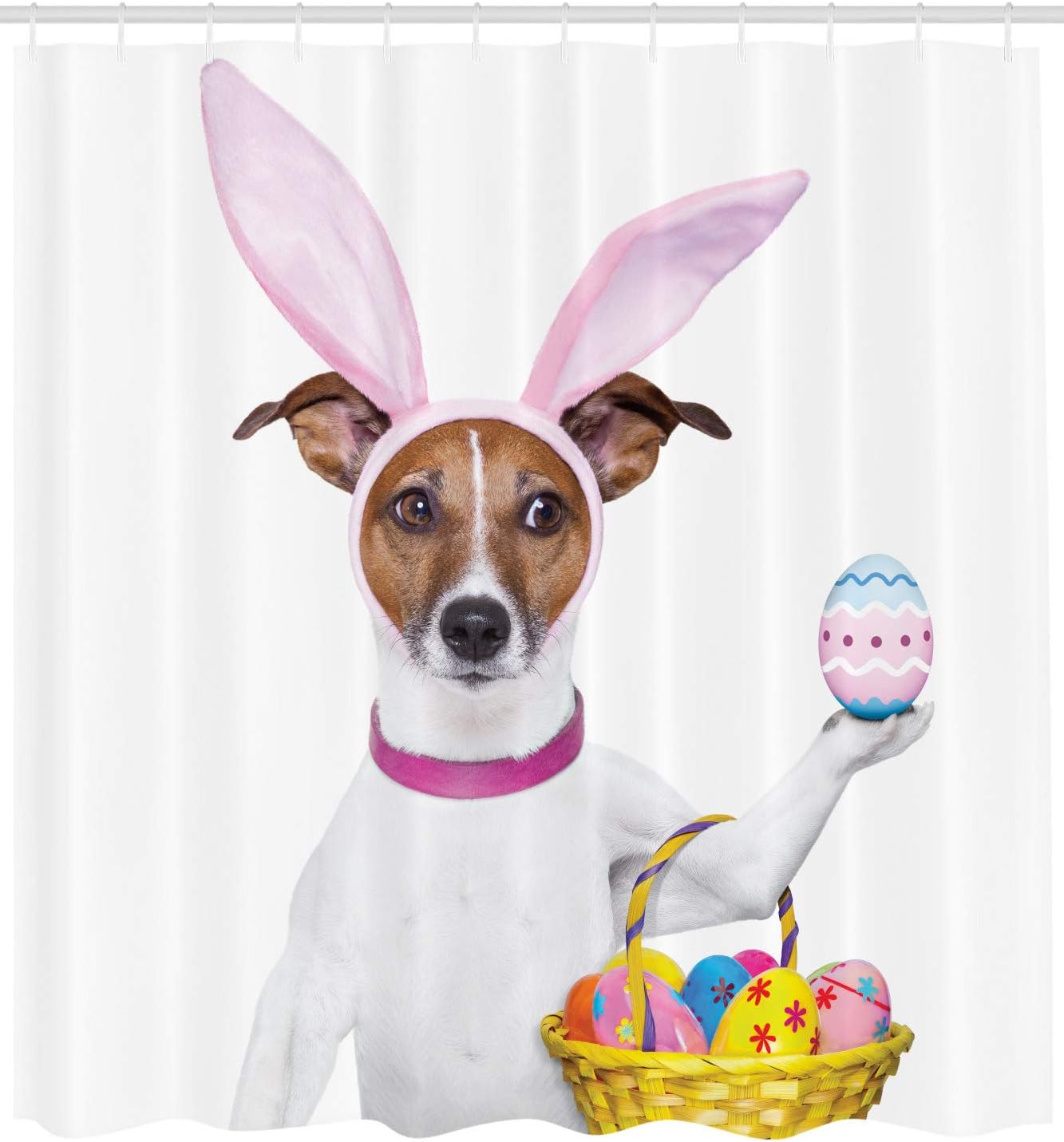 Ambesonne Easter Shower Curtain, Dog Dressed up as Easter Bunny Holding a Basket of Eggs Funny Animal Illustration, Cloth Fabric Bathroom Decor Set with Hooks, 69" W x 70" L, Multicolor